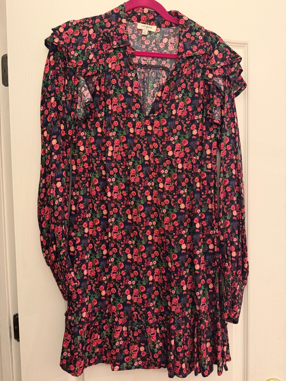 Umgee Black Floral Ruffle Long Sleeve Dress with Pink & Green Accents